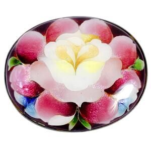 Vintage Mid Century Brooch Reverse Painted Glass Floral Oval Pin 1950s 60s
